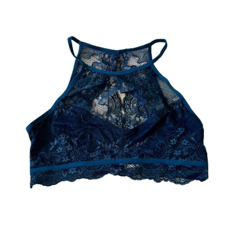 Wishlist Blue Lace Halter Bralette Bra Keyhole Peep Back NEW Size Medium NWT
